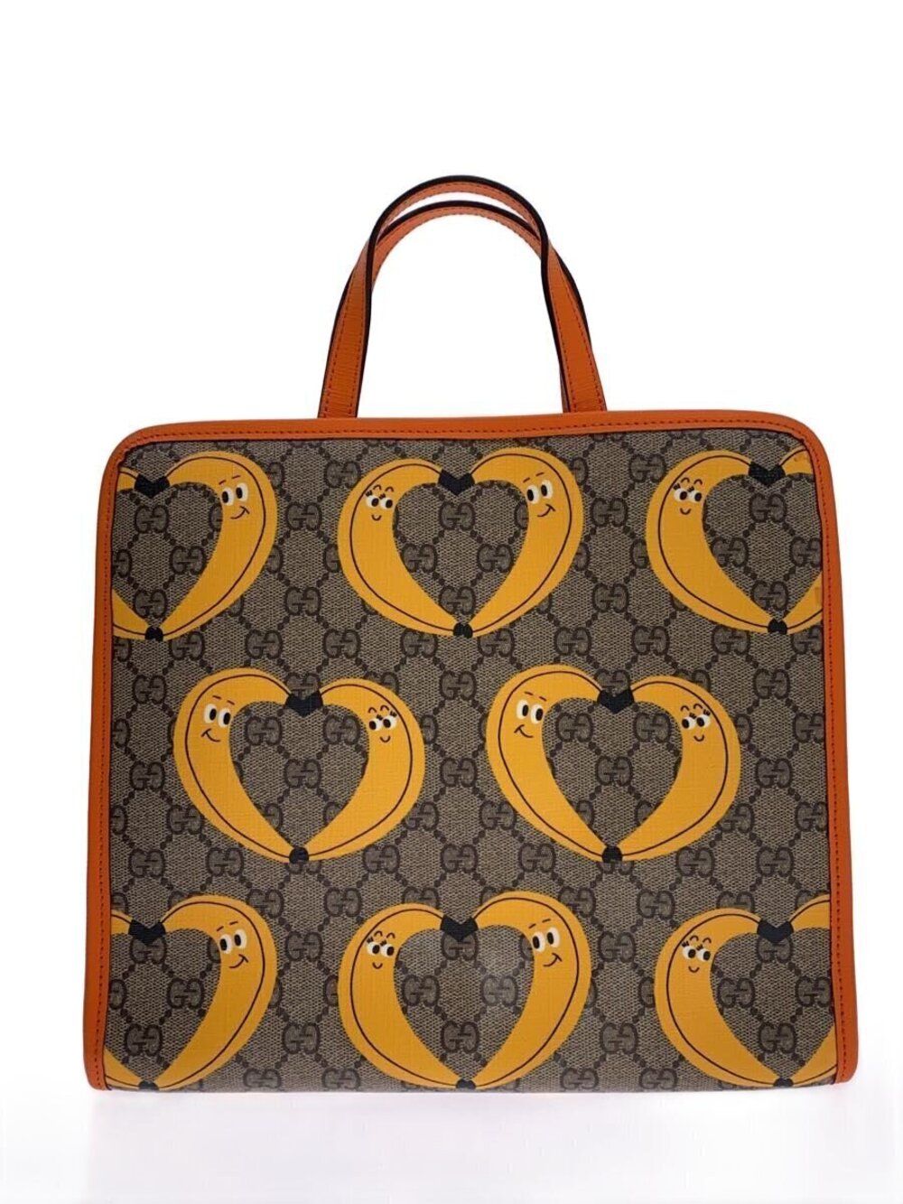 Gucci GG Supreme Tote Bag vibrant banana heart orange leather